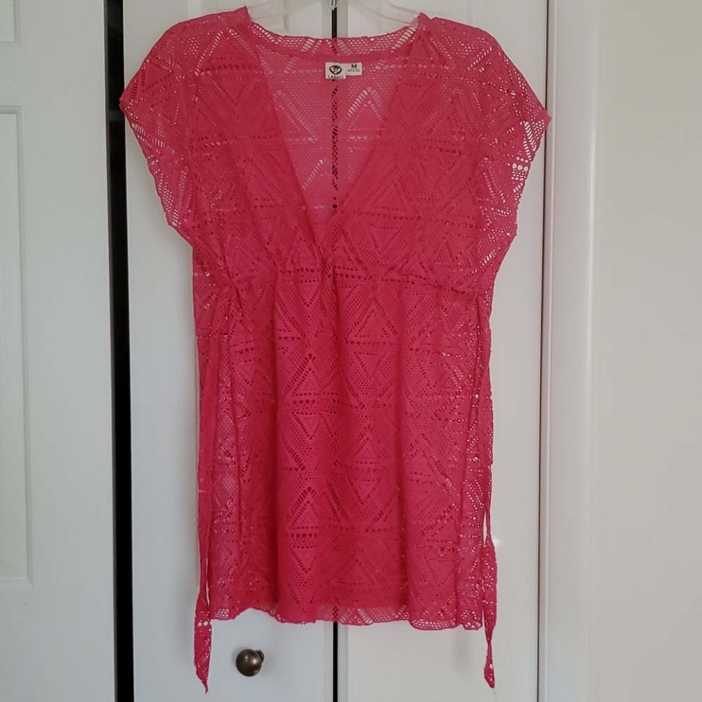 Hot Pink Lace Cinched Waist Bathing Suit Cover Up